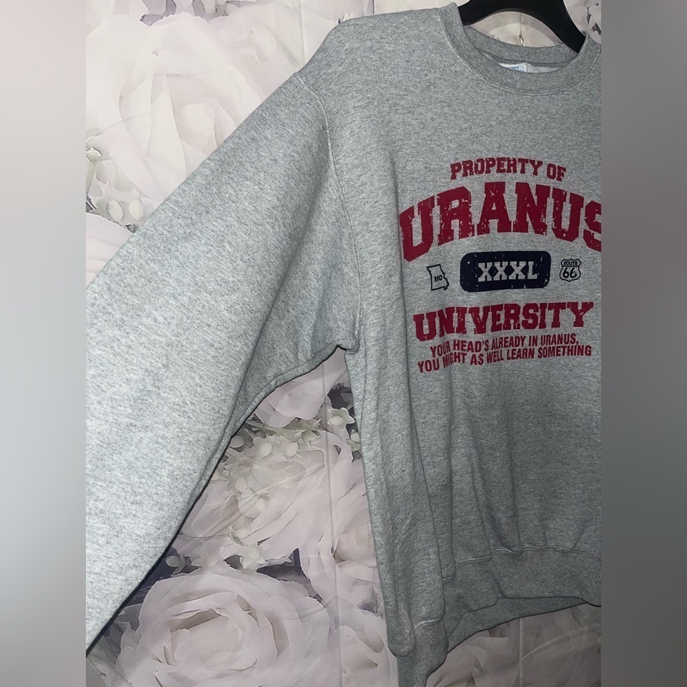 Property of Uranus University Sweatshirt Mens Medium Gray Crew Neck Sweater - Picture 3 of 5